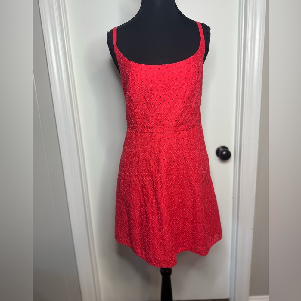 Old Navy Red Eyelet A-Line Mini Fit & Flare Adjustable Straps Smocked Back